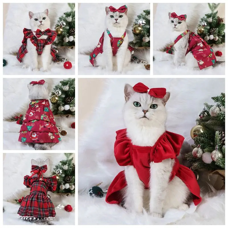 Pet Cat Dress Clothes Christmas Dog Dress Dog Slip Dress Coat Dress Red Skirt Costume Pet Cat Warm Dress Bow Skirt Pet Costume 251029