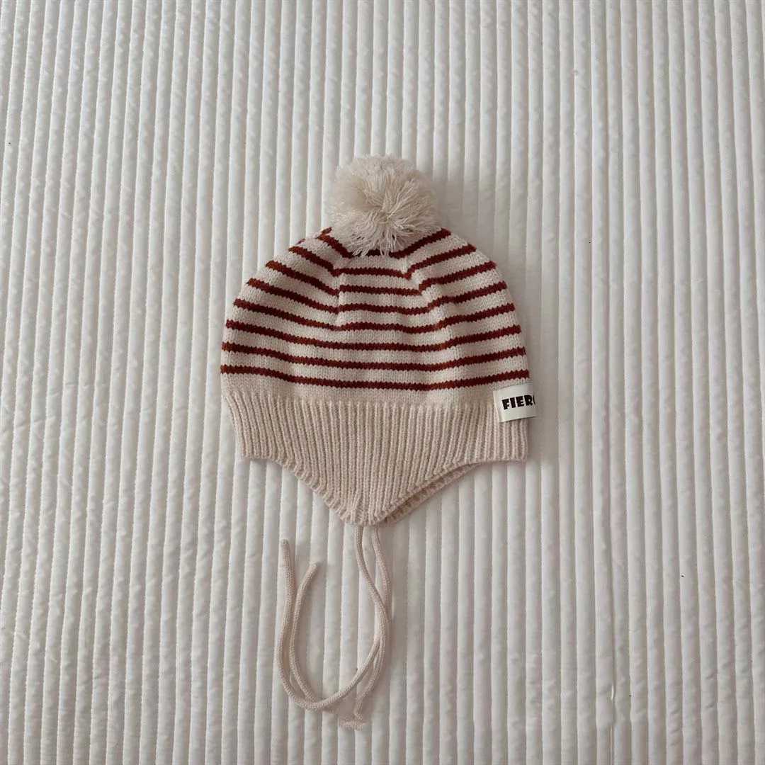 Cute Pom Kids Knit Hat 2023 Autumn Kids Beanie Ear Protection Cap For Girls Boys Fashion Striped Soft Baby Bonnet Cap251028
