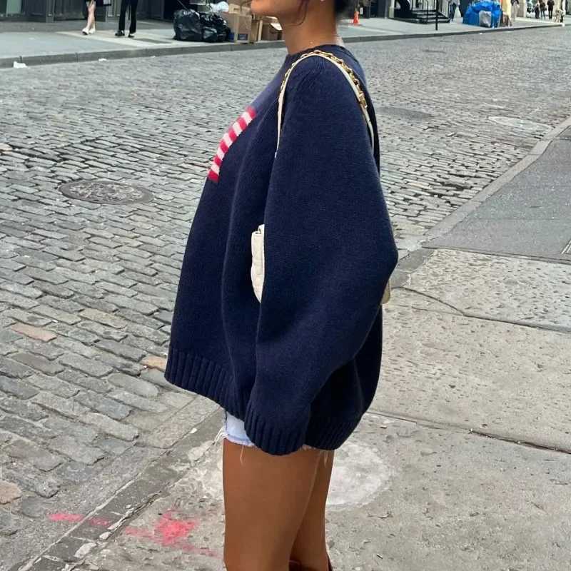 Y2K Vintage Loose Sweaters Long Sleeve Round Neck American Flag 90s Harajuku Pullovers Knitwear Winter Fall Streetwear J251029