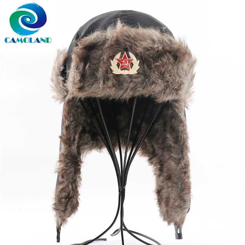 CAMOLAND Military Army Soviet Badge Winter Bomber Hat Women Men Russian Ushanka Faux Fur Earflap Caps Waterproof Snow Cap 251013