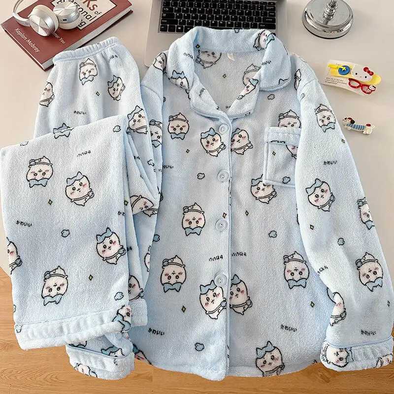 New Chikawa Flannel Thickened Winter Usagi Long Sleeved Pajama Pants Set for Women Plus Velvet Cute Blue Hachiware Home ClothesT251029