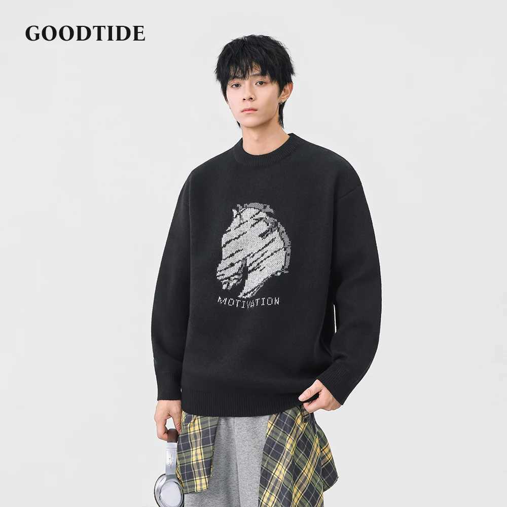 Fashion Mens Casual Crew Neck Sweater 2025 Winter New Horse Head Pattern Letter Print Knitted Pullover Soft Long Sleeve Top J251029