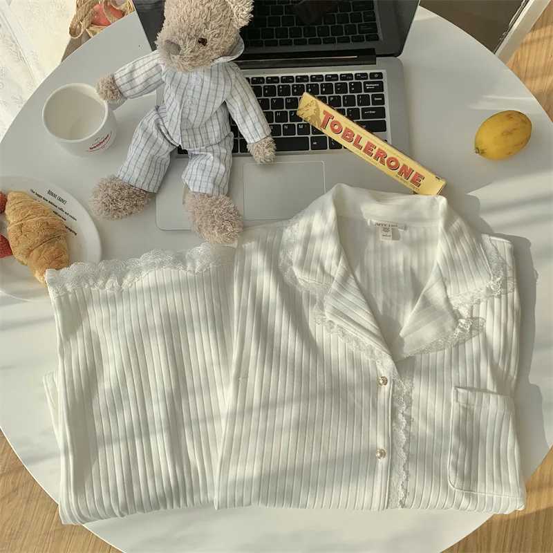 High Quality Korean White Pajamas For Women Sweet Lace Cotton Sleepwear Set Long Sleeve Autumn Winter Home Wear Pijamas SuitT251029