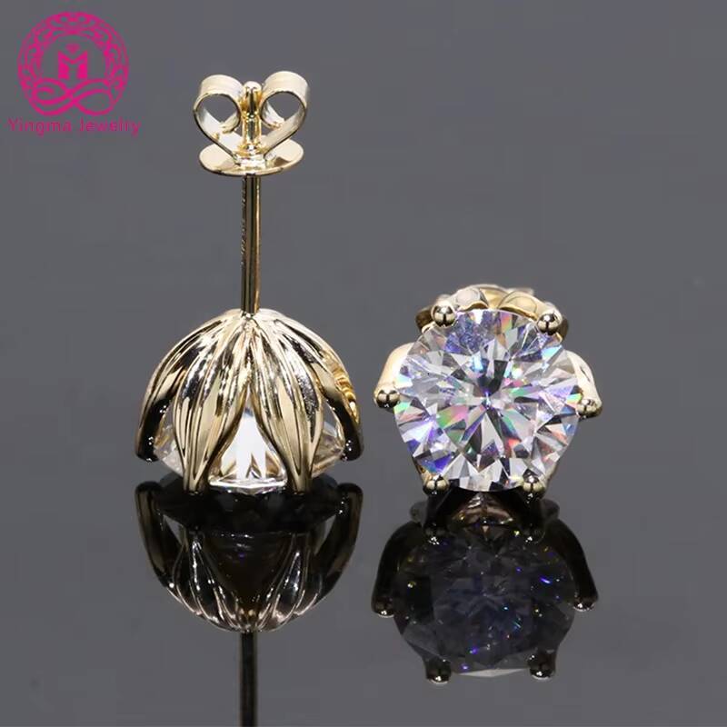 Free Shipping Fine Jewelry Two Carat Round Cut Moissanite Diamond Lotus Shape 14k Solid Yellow Gold Stud Earring