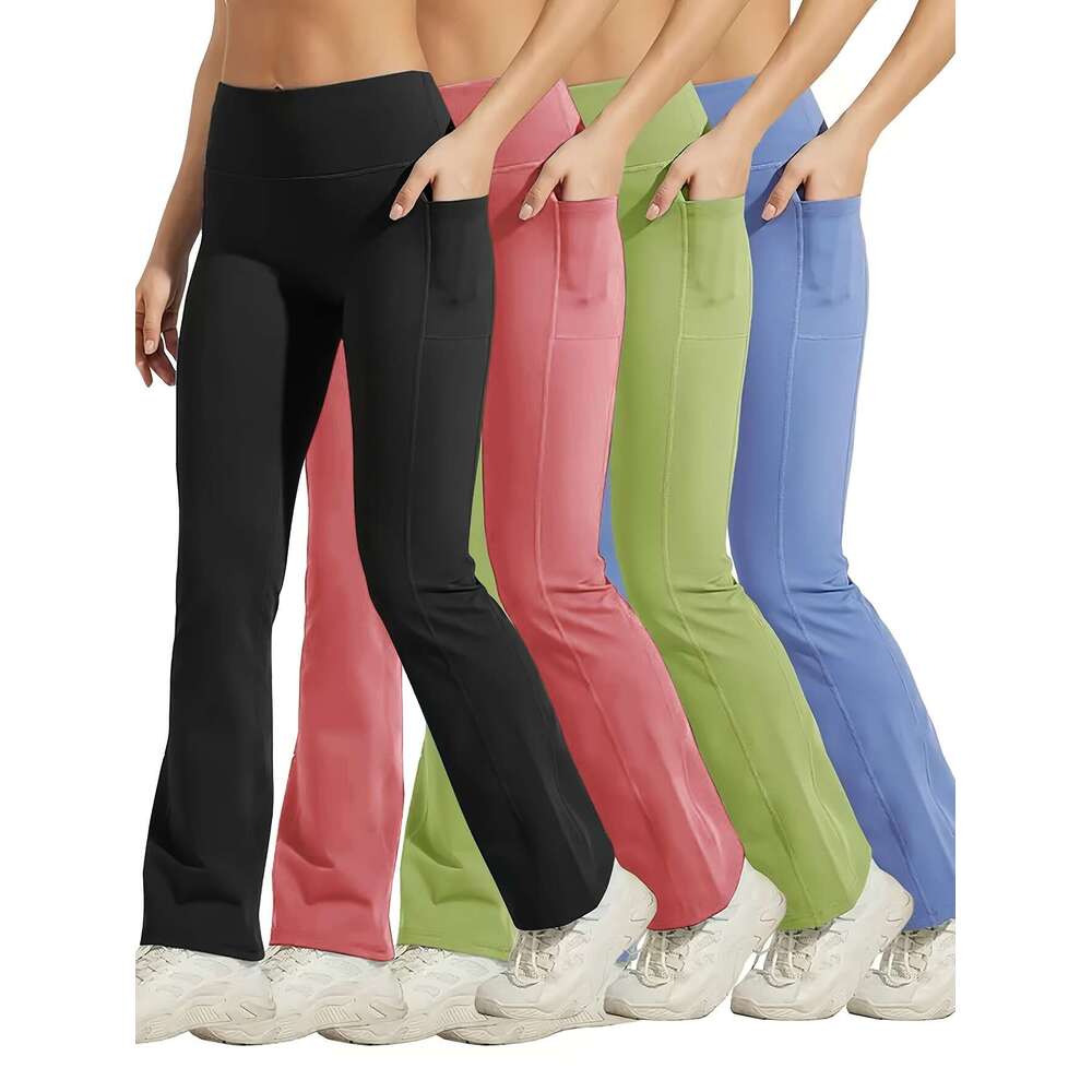 Plus size 4pcs set of sports pants with phone pocket, fashionable and casual hip lifting exercise yoga fiess bell pants, Women's sportswear