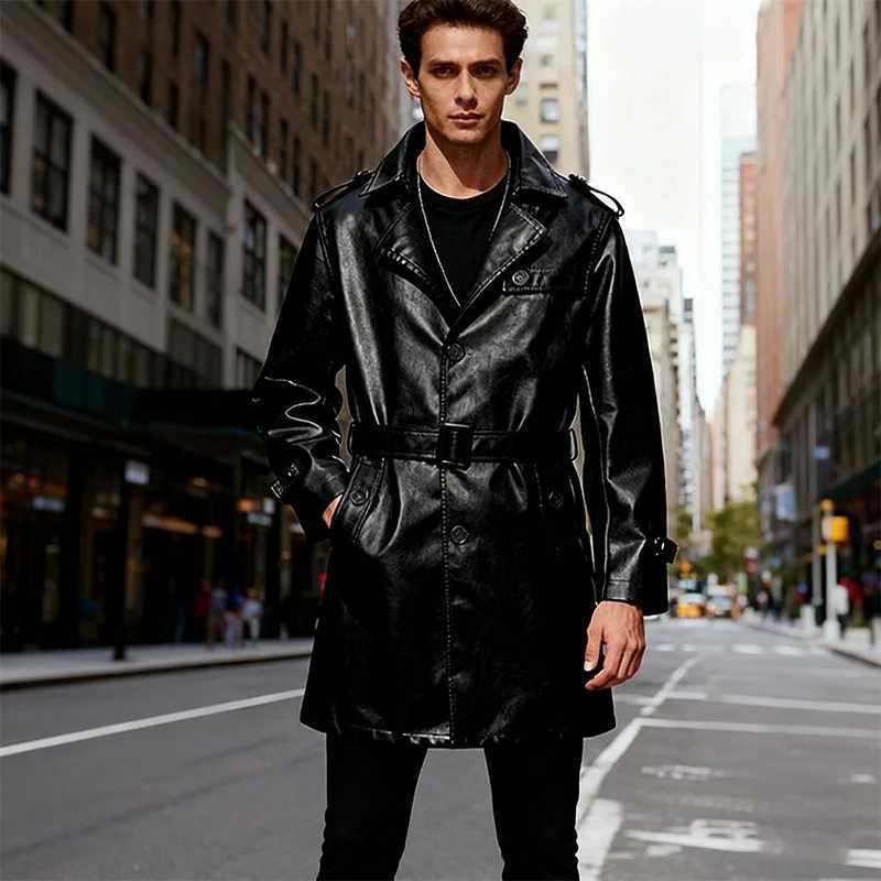 Mens Unisex Black PU Leather Jacket Garment belt American Lapel QIU Season Fashionable Texturized MidLength Loose AllmatchT251029