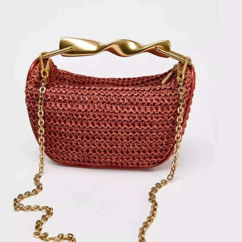 New Rattan Half-Moon Beach Shoulder Bags Women's Bucket Purse Woven Straw Handbags Casual Tote Crossbody Bag