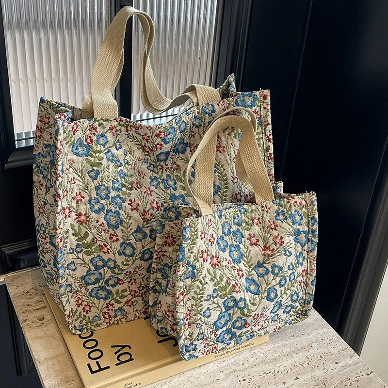 Ladies Shopping Bag Flower Pattern Flax Tote Bag Larger Capacity Outdoor Handbag Casual Lunch Bag Mummy Bag 251029