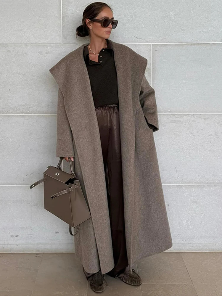 Elegant Large Collar Long Coat Women Retro Chic Loose Shawl Tweed Coats With Belt Female Winter Casual Street Outwear 251028