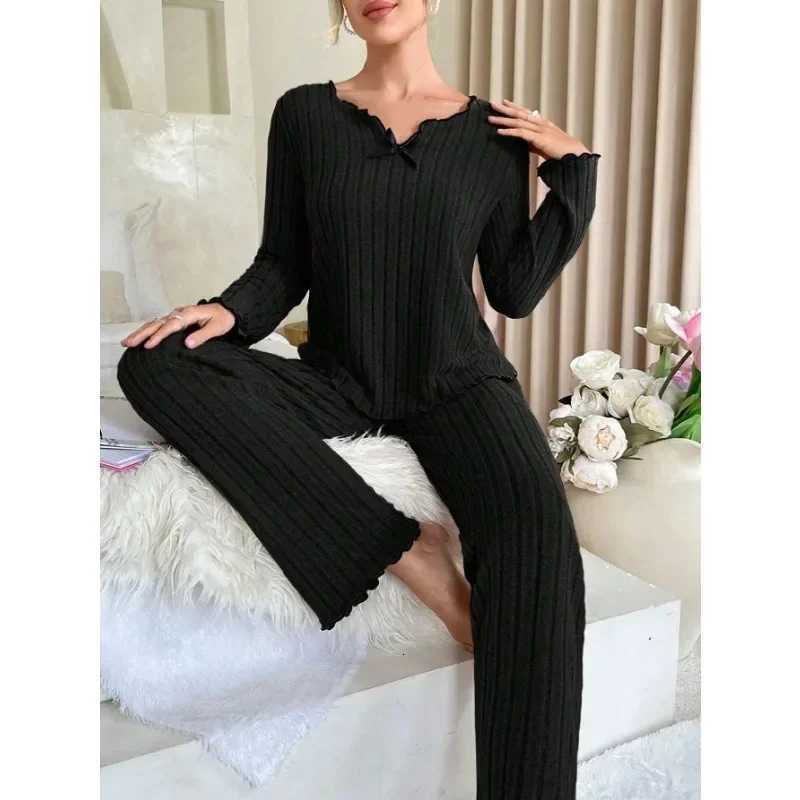 Autumn Winter Sleepwear Ribbed Pajamas Set for Women Long Sleeve Top and Long Pants 2 Piece Set Casual Homewear LoungewearT251029