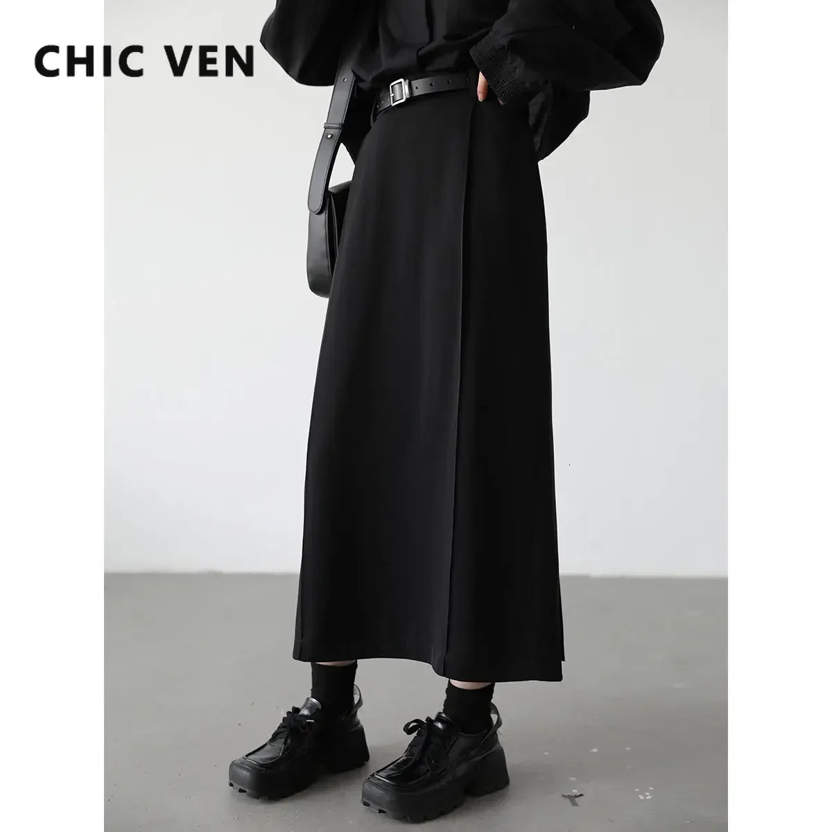 CHIC VEN Womens Skirts Loose High Waist Pleated Straight Tube Skirt Slit Black Female Clothes Office Lady Autumn Winter 2024 251028