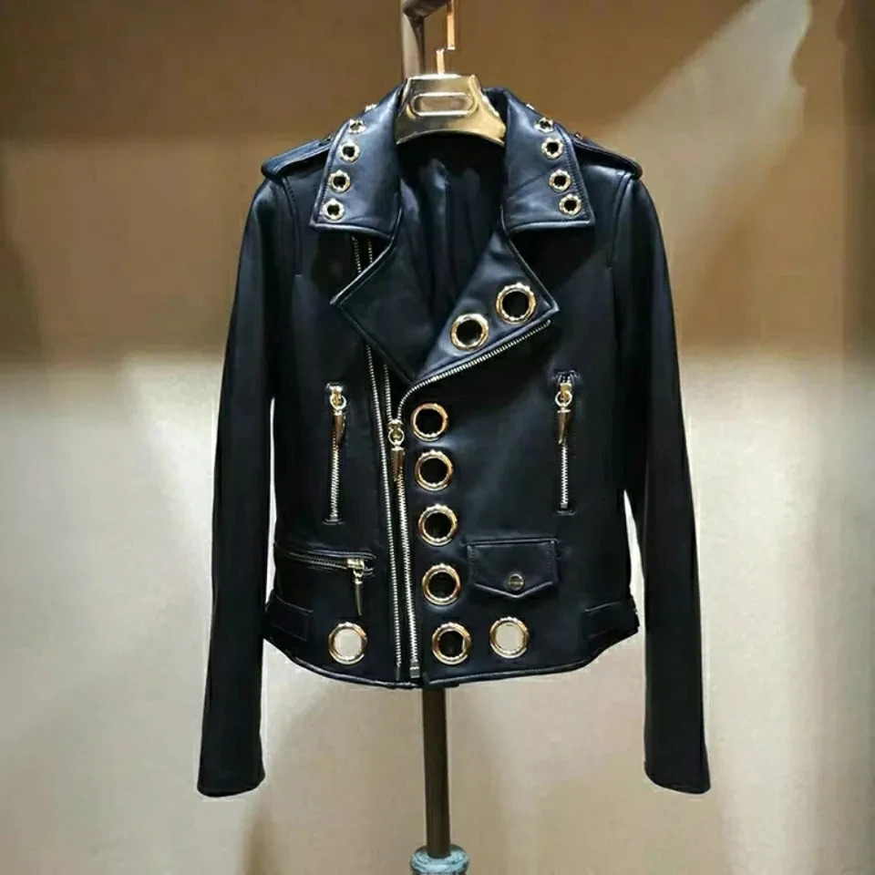 Women Chic Faux Leather Motorcycle Jacket Fall PU Locomotive Bomber Coat Zipper Cardigan Metal Rings Hollow Streetwear Crop Tops 251029