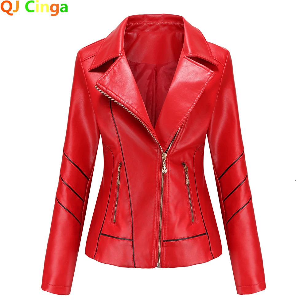 Red PU Faux Leather Jacket Women fashion Casual Biker Jackets Outwear Female Tops spring and autumn Black Leather Jacket Coat 251029