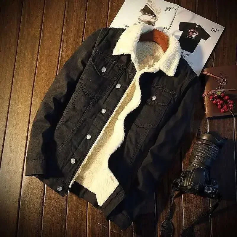 Denim Jackets Man Warm Padding Jeans Coat for Men Padded Black Wool Slim Fit with Sheep Fashion Winter Size L Trendy Large 251024