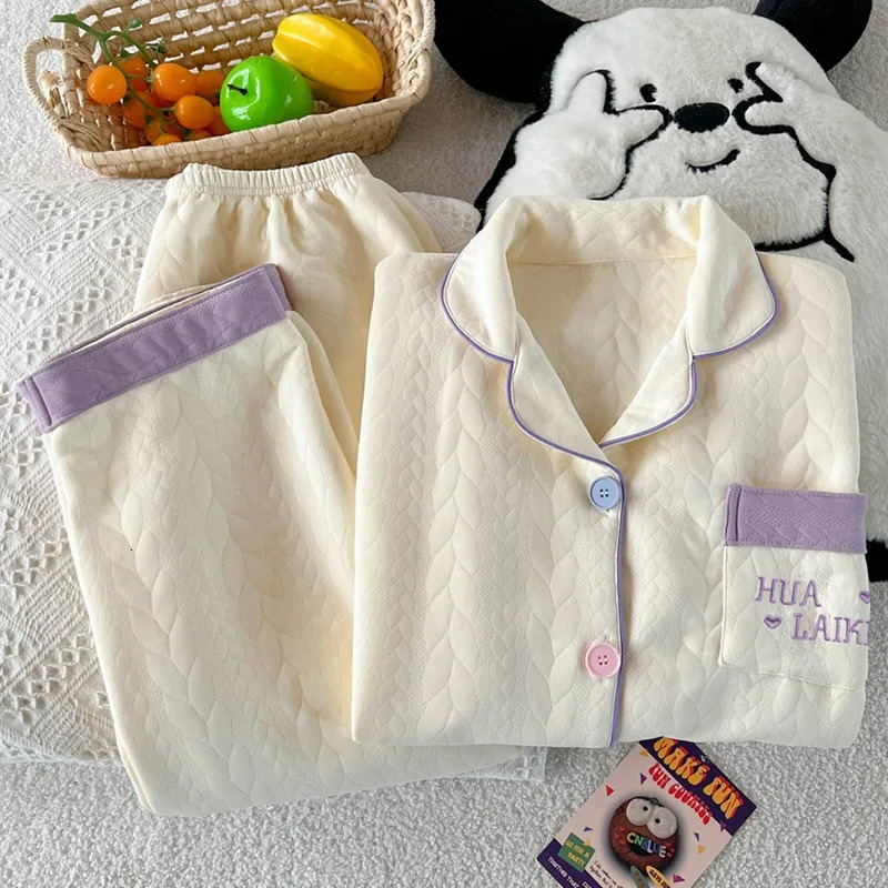 Embroidery Letter Fashion Womens Pajamas Set Autumn Winter Casual Soft Sweet Loungewear Lapel Neck HomeWear Suit 251029