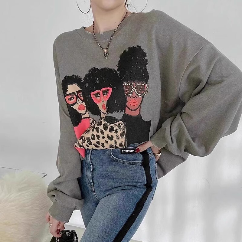 Designer Fashion Autumn/Winter Retro Personalized Round Neck Cartoon Printed Design Loose New Multi functional Long Sleeve Wool Women's Sweatshir