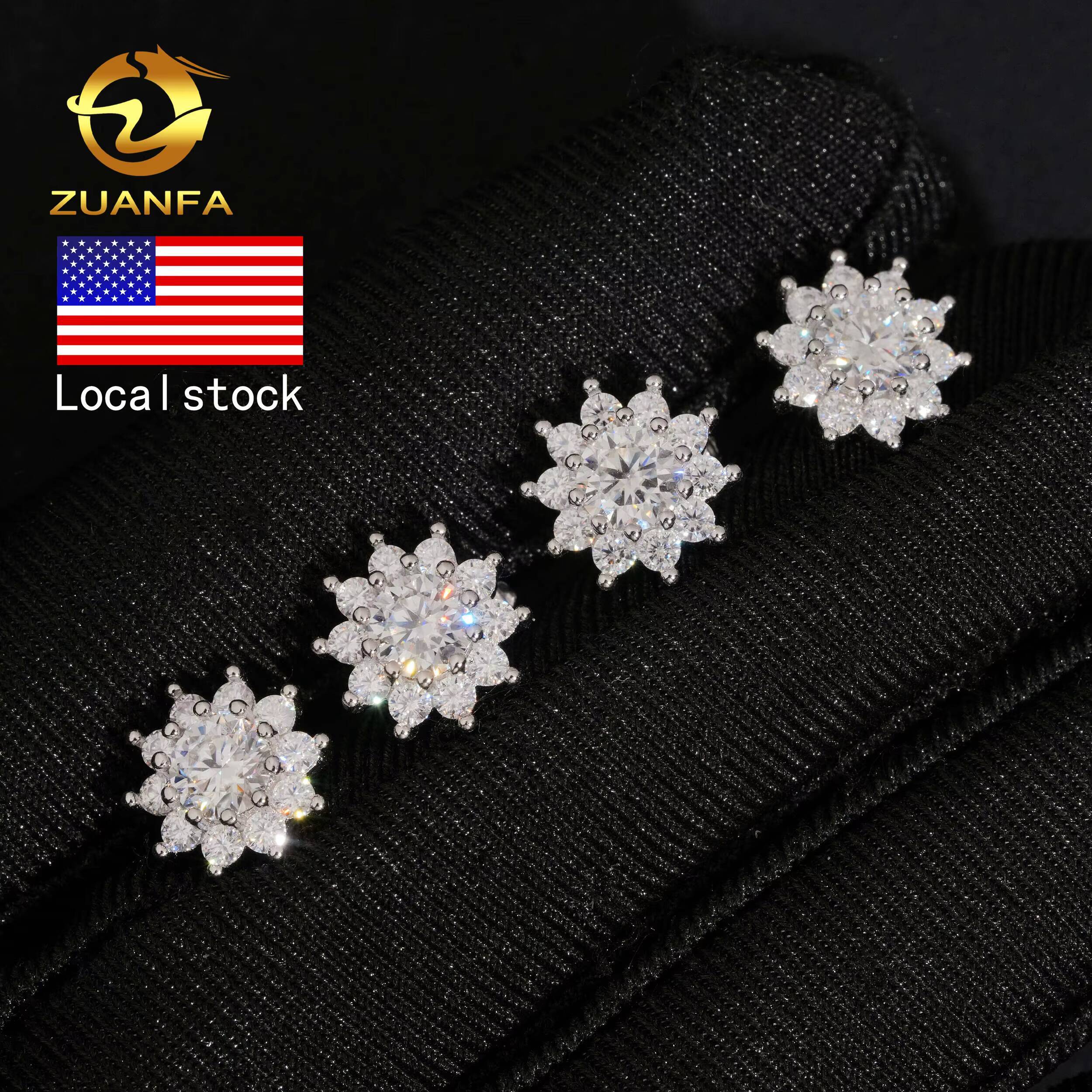 USA Local Stock 10mm Flower Moissanite Iced Out Stud Earrings Cluster Hip Hop 925 Silver Ear Studs Pass Diamond Tester