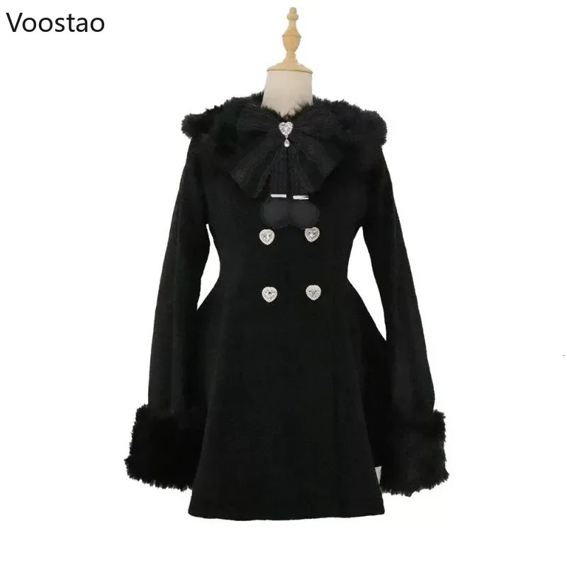 Autumn Winter Japanese Kawaii Lolita Woolen Coat Women Sweet Bow Plush Slim Jacket Female Korean Style Warm Dress Cute Overcoat 251028