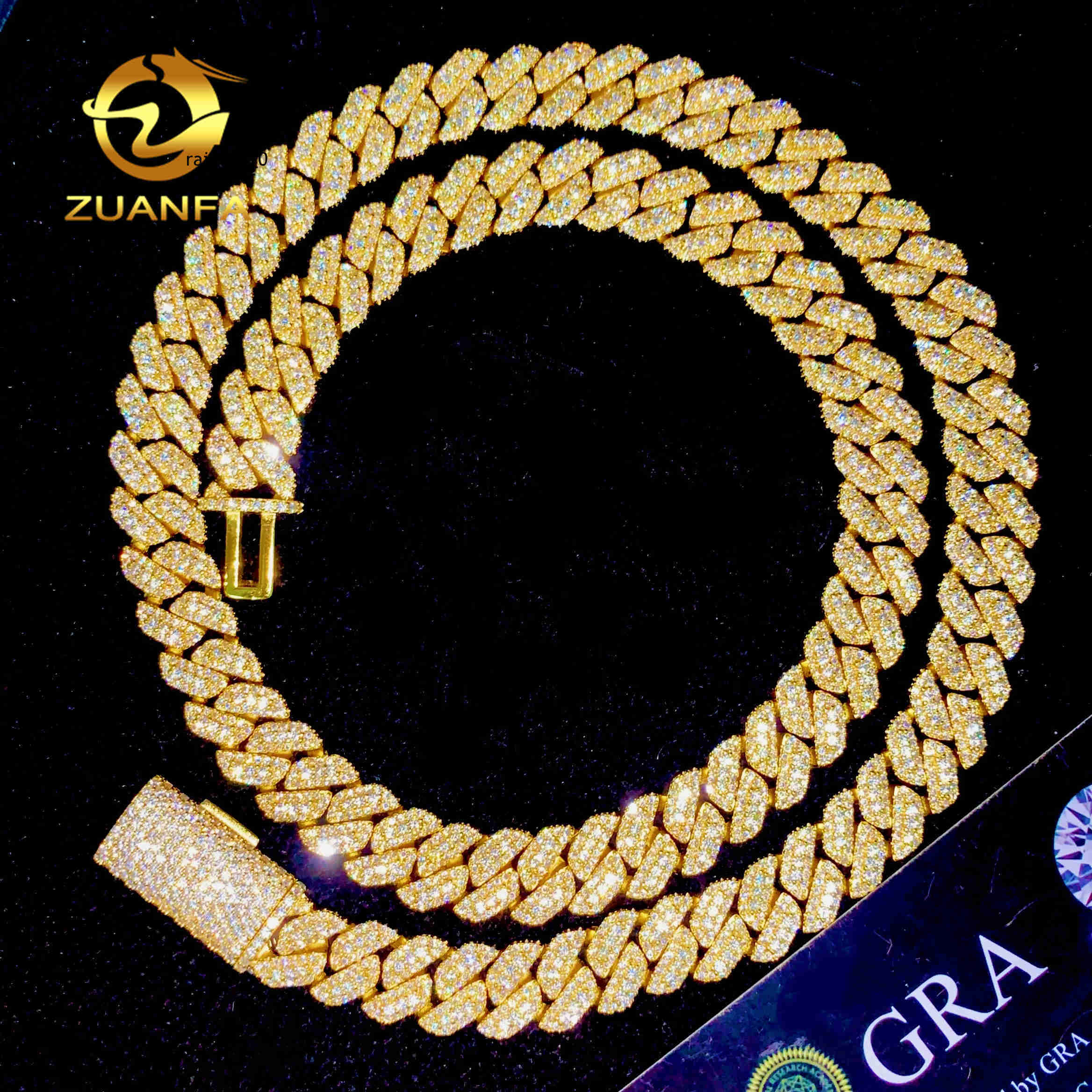 Real Gold Plated 10mm Moissanite Chain Cuban Links Prong Chain Pass Diamond Tester 925 Silver Cuban Link Chain Necklace