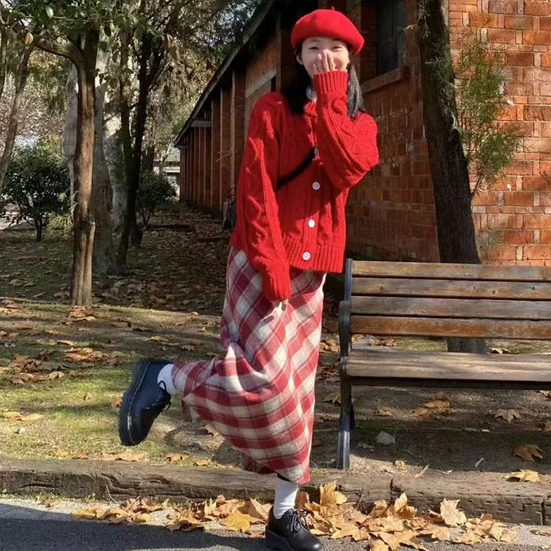 2025 Autumn Vintage Woolen Plaid Skirts Lady Elegant High Waist Slimming ALine Skirt Women Korean Streetwear Slit Long Skirt 251028