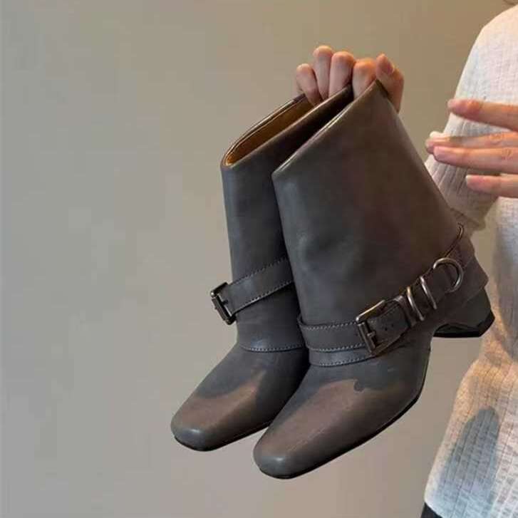 Height Increase Soft Cool Style Slimming Melad Western Boots Women with Belt Buckle Inner Suede Leather Boot for Autumn Designer Shoe and Winter