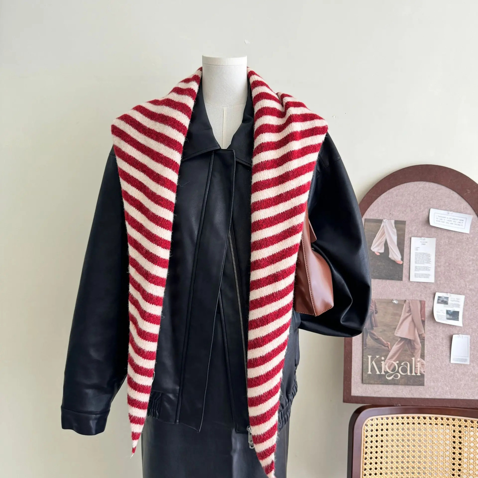 Women Fashion in Triangle Shawl Wool Blend Knitted Striped Scarf Autumn Winter Outer Waistcoat Warm Neck Wraps Big Size 251029