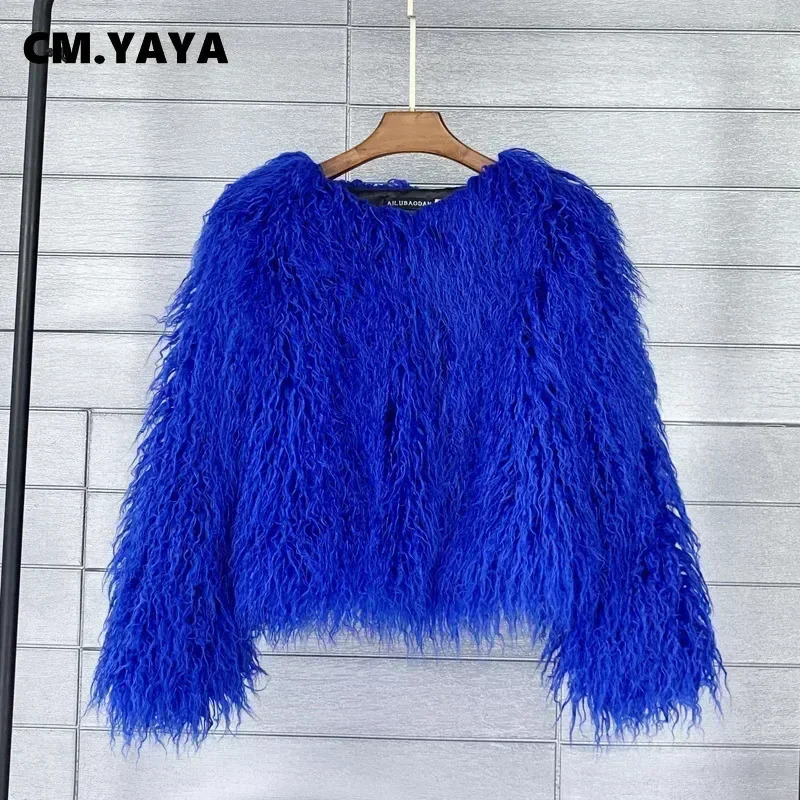 CMYAYA Solid Faux Fur Coats Women Full Sleeve Oneck Open Stitch Covered Button Fur Jackets Winter Autumn Warm Fashion 251029