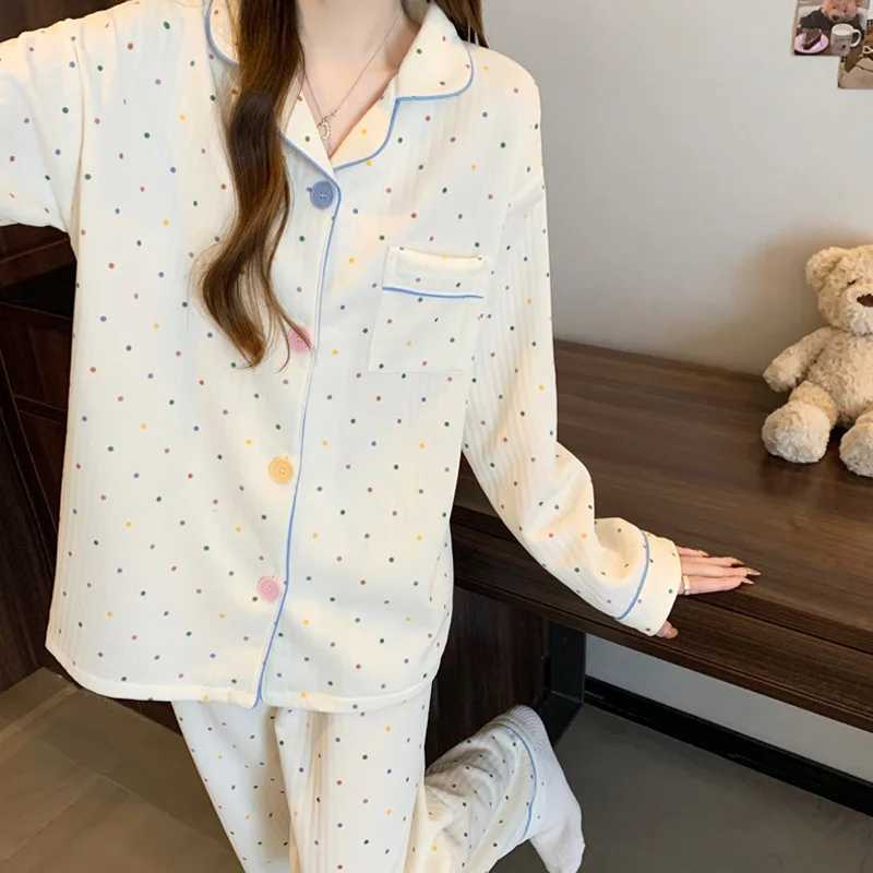 Korean Style Ins Colorful Dot Air Cotton Pajamas for Women Thickened Layered Long Sleeve Homewear Set for Autumn and WinterT251029