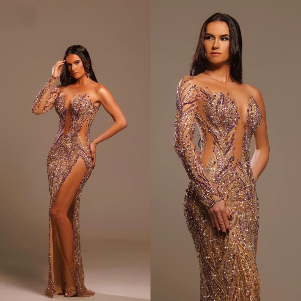 Stylish Luxurious Beaded Straight Long Evening Dress Illusion High Slit Party Gown Customized One Shoulder Prom Dresses