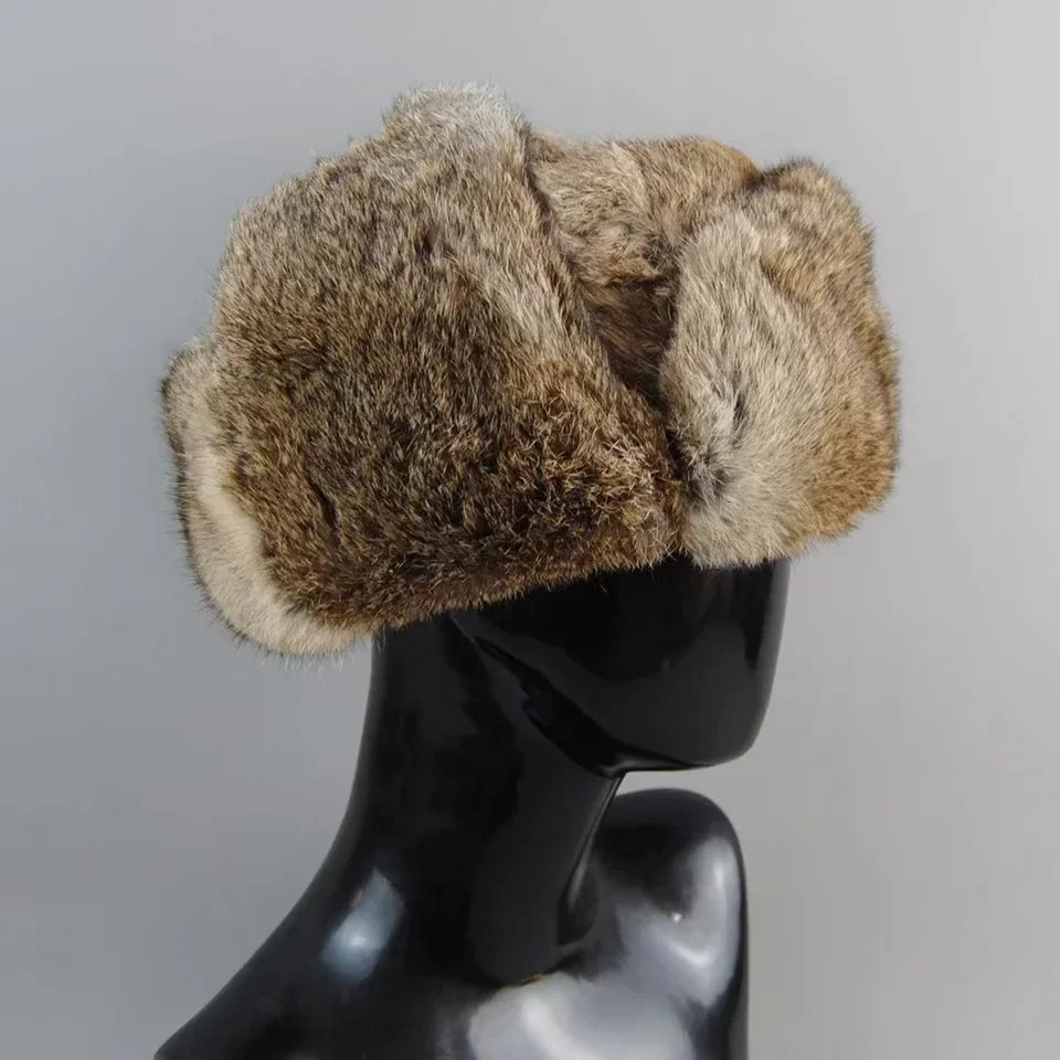Rabbit Fur Cap Man Winter Genuine 100 Fur Bomber Hat Windproof Warm Earmuffs Male Flat GreyBlack Russian Hat Fitted Casquette 251029