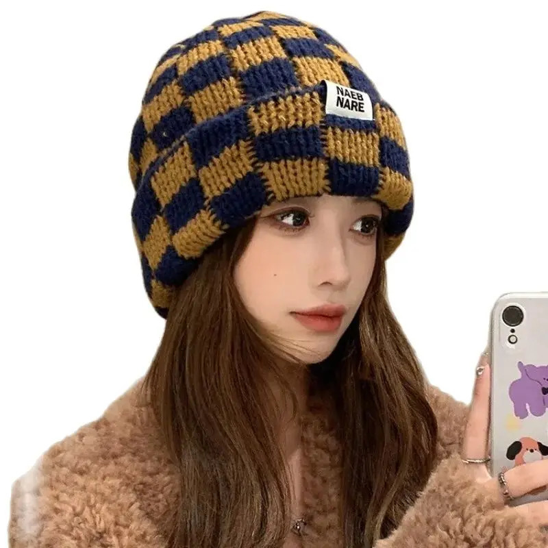 y Chessboard Plaid Knitted Hat Women Winter Big Size Warm Beanies Skullies Green Red Xmas Christmas 251013