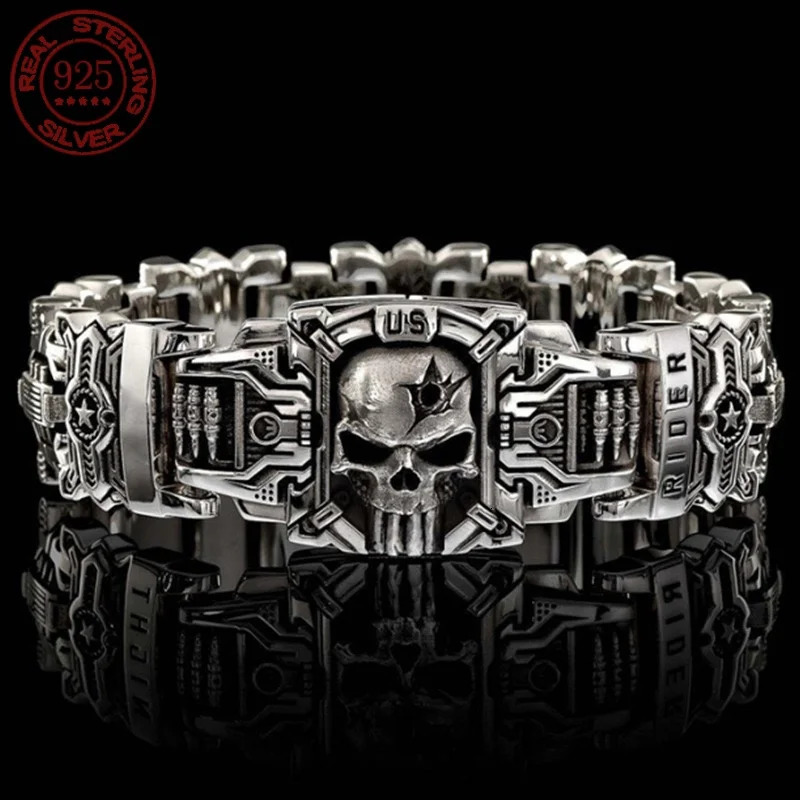 Vintage Charm Skull Bracelet S925 Silver Punk Hip Hop Rider Bracelet for Men Boy Gift High Quality US Street Motorcycle Jewelry 251028