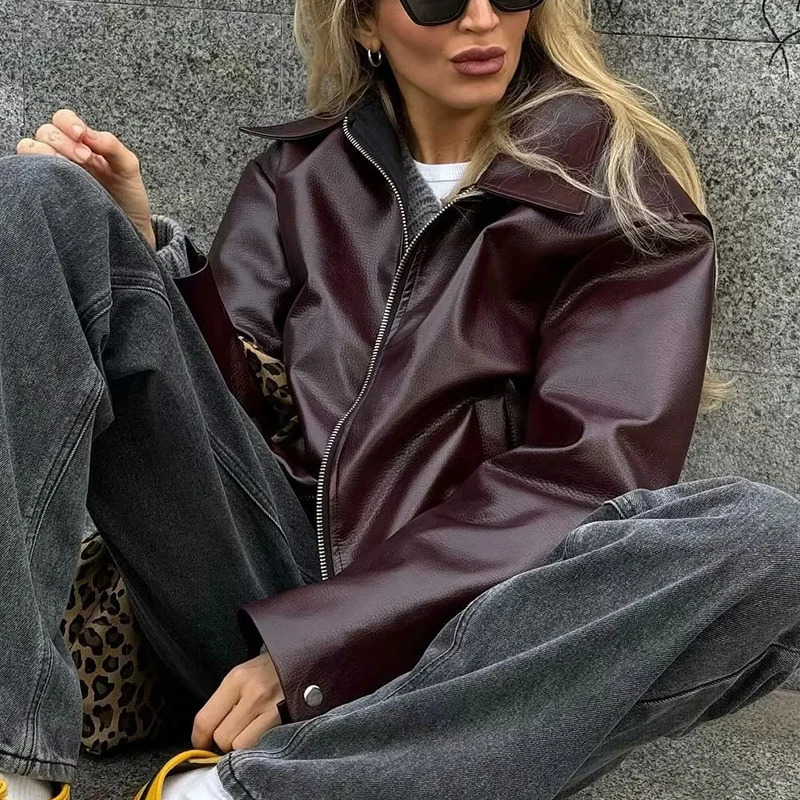 Leaher Jackets Womens Jaqueta Feminina Streetwear ins Outwear Casaco Feminino Vermelho Couro Coat Black Giacca Pelle Donna insz 251029
