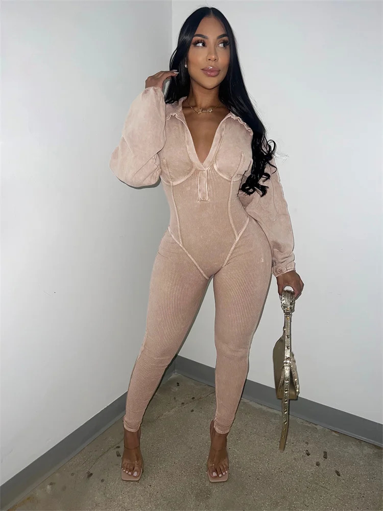 Weird Puss Washed Distressed Jumpsuit Women Ribbed VNeck Solid SKinny Long Sleeve Fall Casual Trend Simple Activity Streetwear 251027