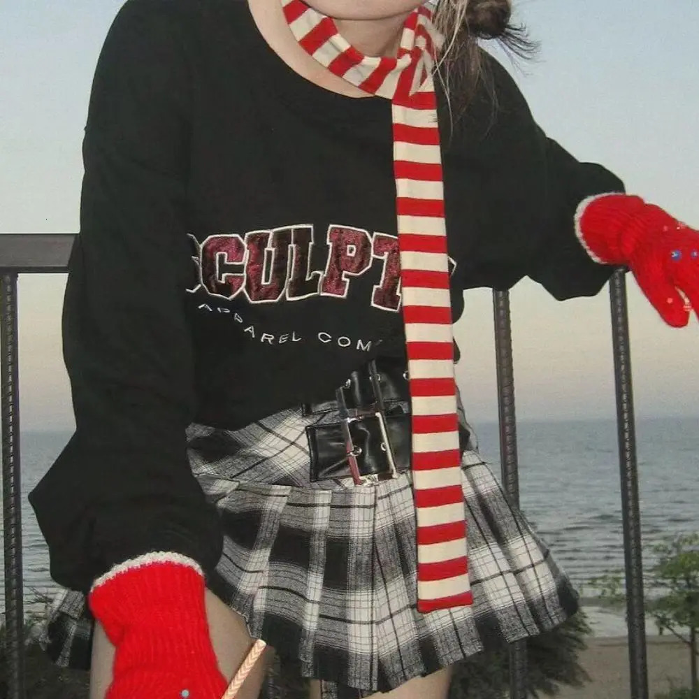Women Harajuku Cotton Scarves Y2k Black Grey Stripe Long Scarves 180cm Thin Long Decorative Neckerchief Fashion Streetwear 251029