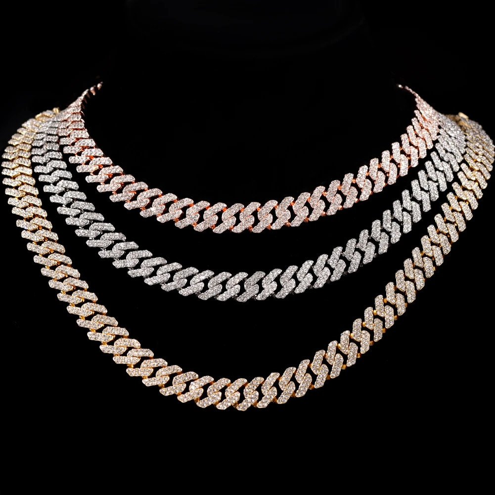12MM Rose Gold Color Miami Cuban Link Chain Necklace Iced Out Bling Rhinestone Cuban Choker Necklace Women Men Hip Hop Jewelry 251029