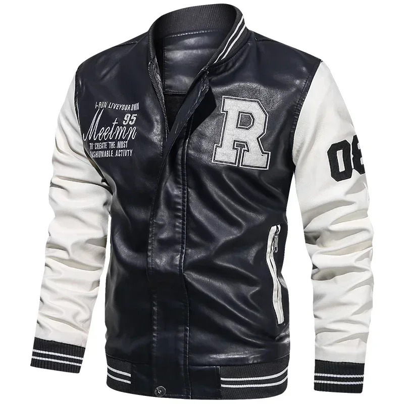 Mens American Baseball Collar Pilot Casual PU Spring and Autumn Leather Jacket Motorcycle Suit Color Blocking 251028