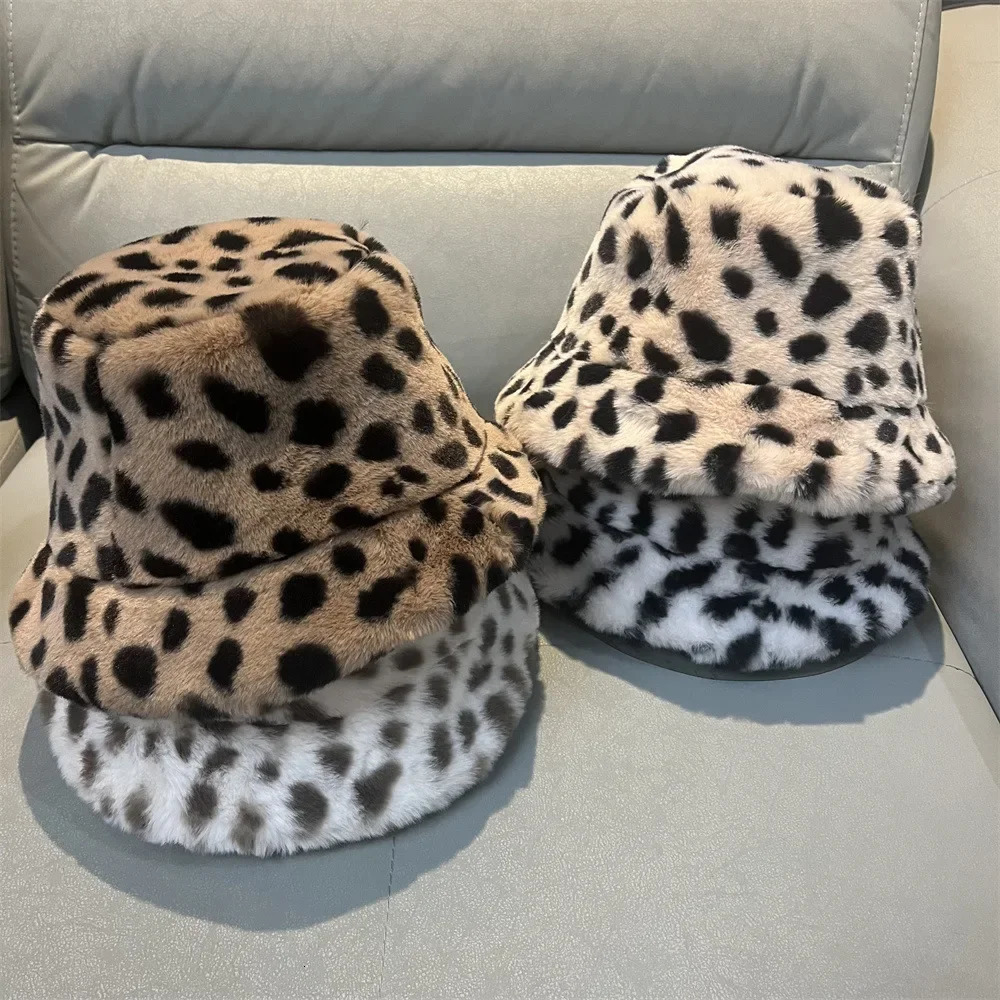 Autumn Winter Panama Hat for Women Faux Fur Bucket Hats Cow Print Plush Velvet Warm Panama Hat Fisherman Hats Vacation Cap 251029