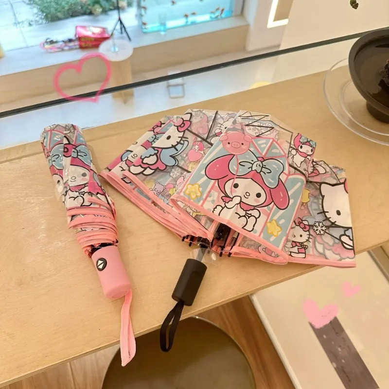 Sanrio Sweet Anime Kawaii Ins MINISO Hello Kitty Transparent Umbrella Cute Cartoon Folding Ins Automatic Students Gifts for Girls L251029