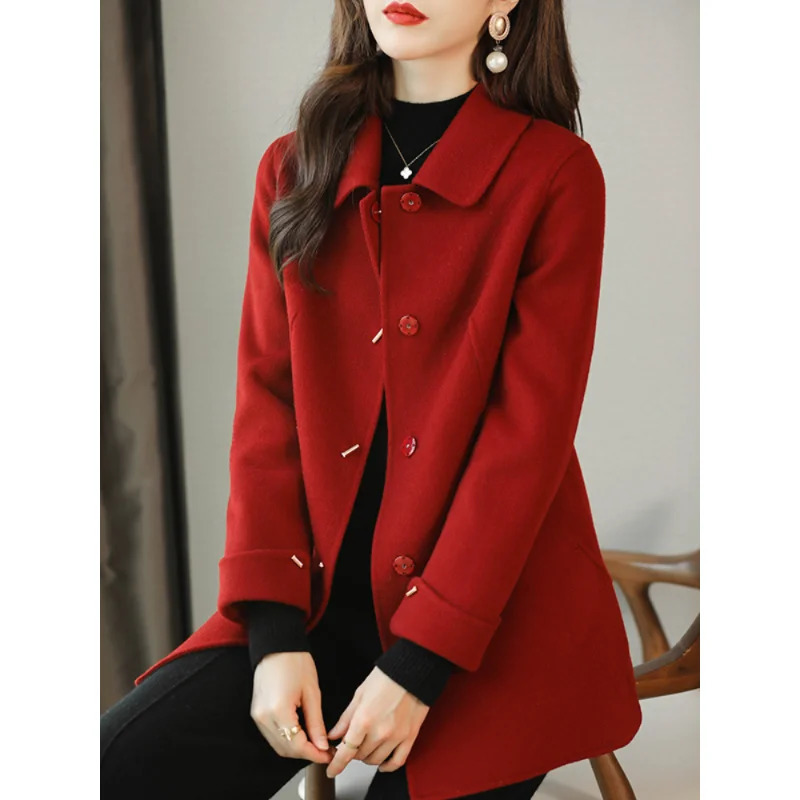Woolen Coat Slim Fashion Office Lady Square Collar Single Breasted Winter Coats for Women Widewaisted Pocket Black Coat 251029