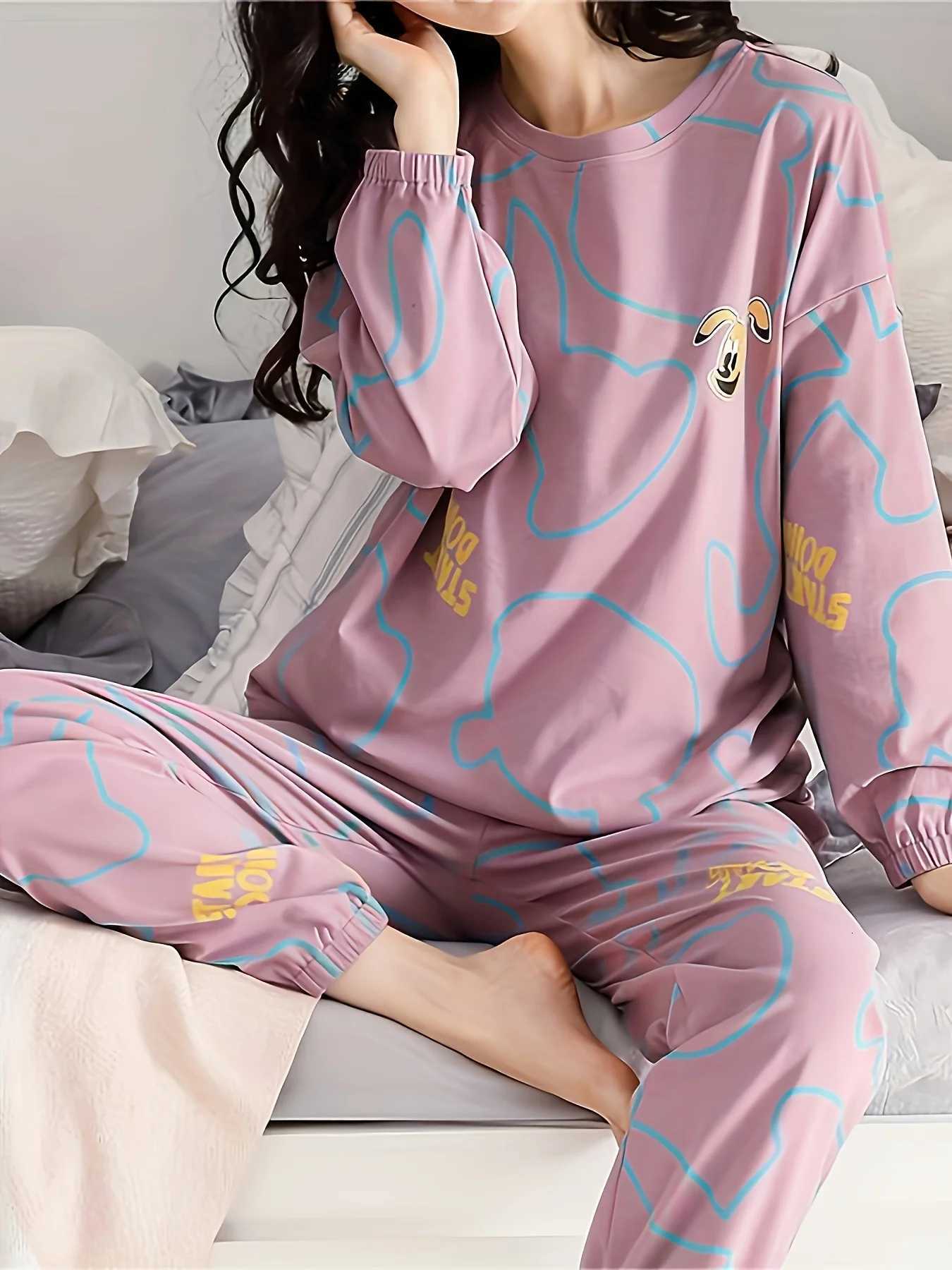 Womens AutumnWinter Pajama Set Long Sleeve Long Pants with Crew Neck Pullover TopT251029