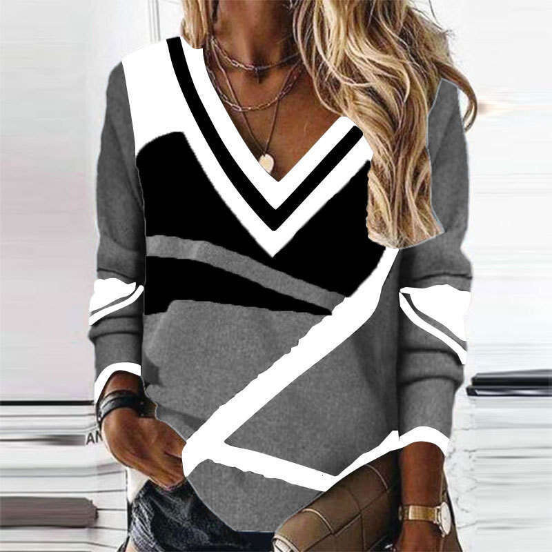 New Versatile Daily Casual Loose Hoodie Women's V Neck Contrasting Geometric Pattern Large Size Sweatshirt Top