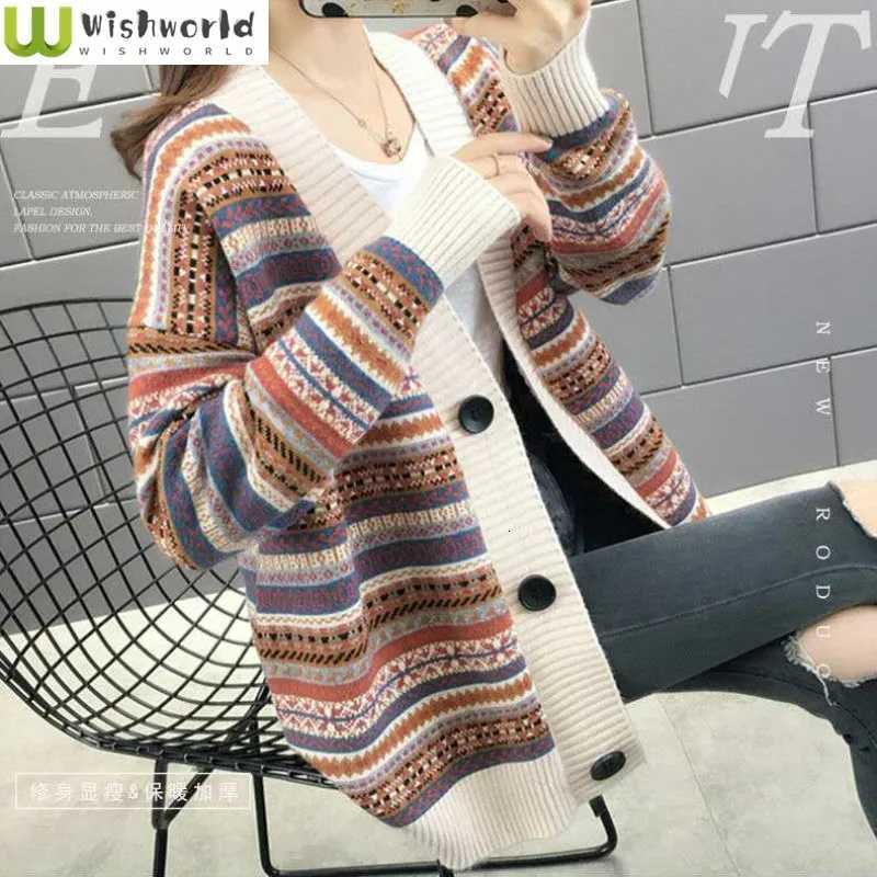 Ethnic Striped Cardigan Womens Autumn and Winter 2023 New Korean Version Loose Sweater Knitwear Elegant Womens CoatT251028