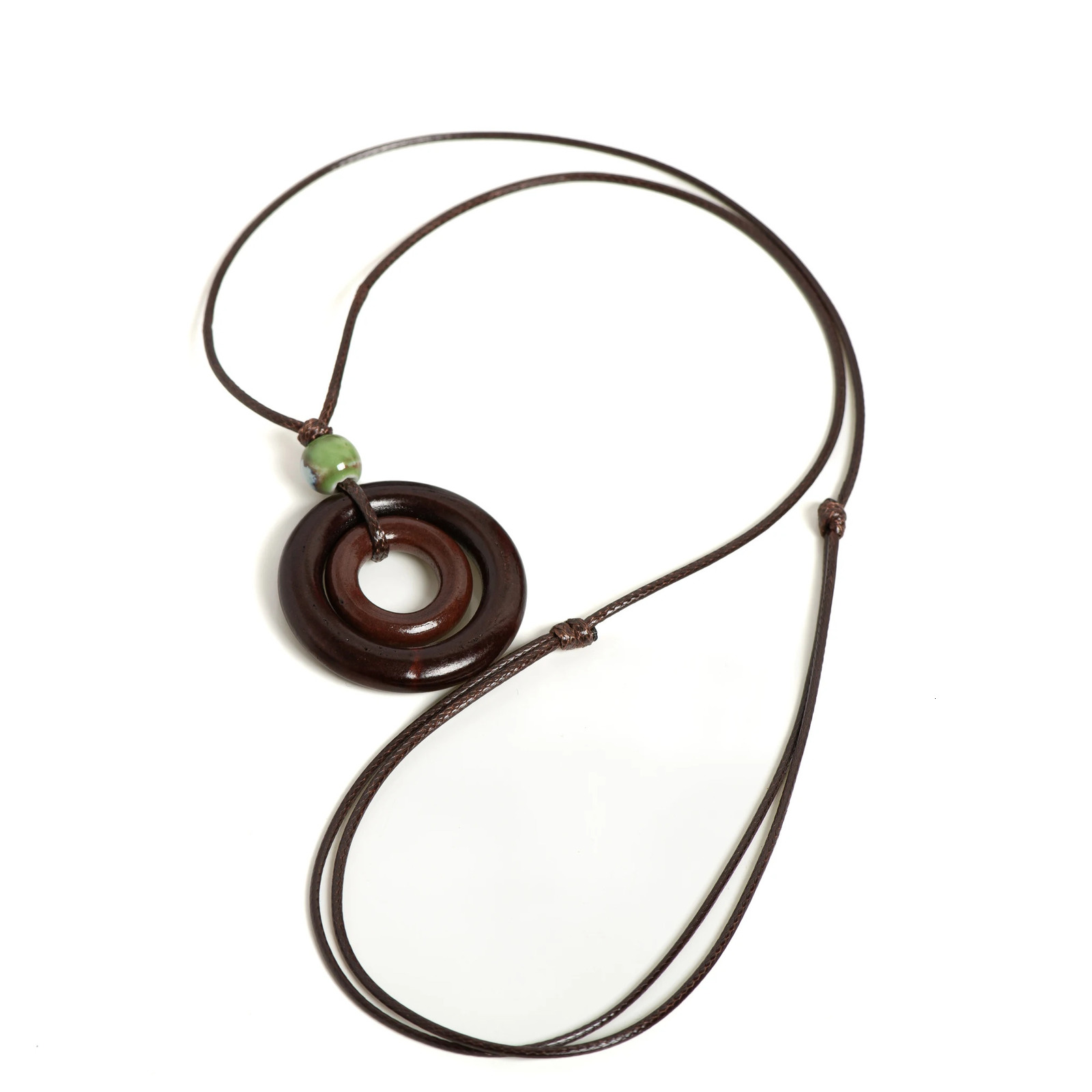 Handmade Wooden Circle Ceramic Pendant Necklace Adjustable Cord Unique Bohemian Jewelry for Men and Women 1 Piece S001160 251029