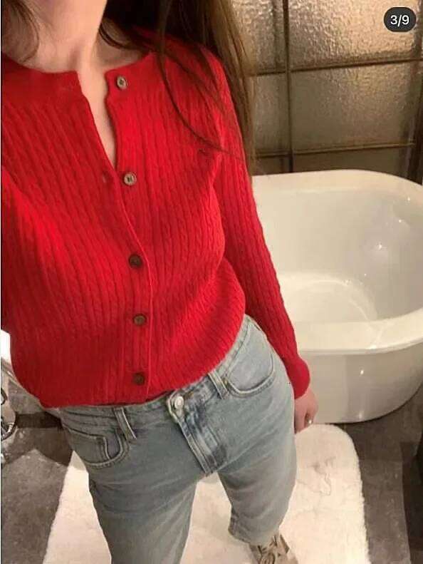 Autumn Winter New Style Pure Wool Knitted Cardigan Women's Simple Round Neck Twisted Pattern Solid Color Long Sleeve Trendy Women Sweater Designe