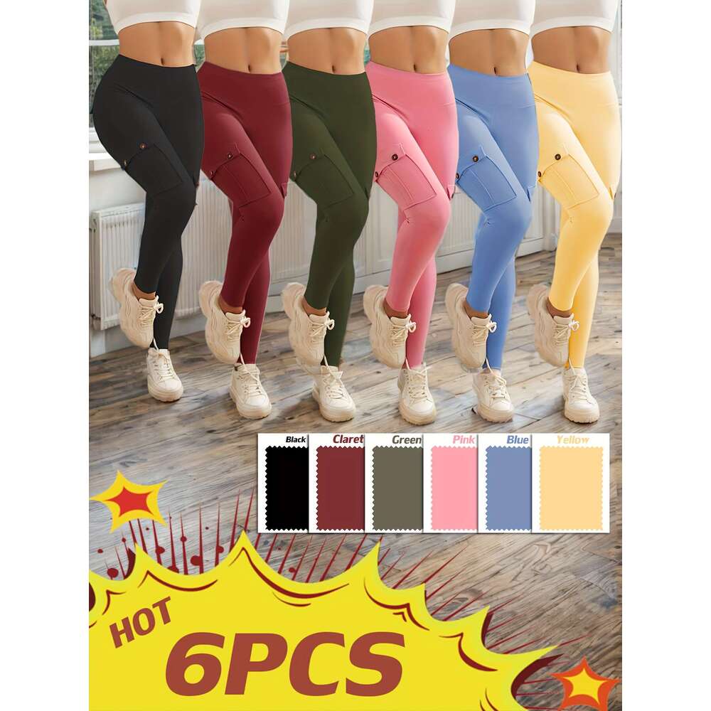 High Waist Yoga with Button Pockets, Multipack Butt Lifting Tummy Control Workout Running 4 Way Stretch Cargo Sports Pants, 6pcs Leggings Set