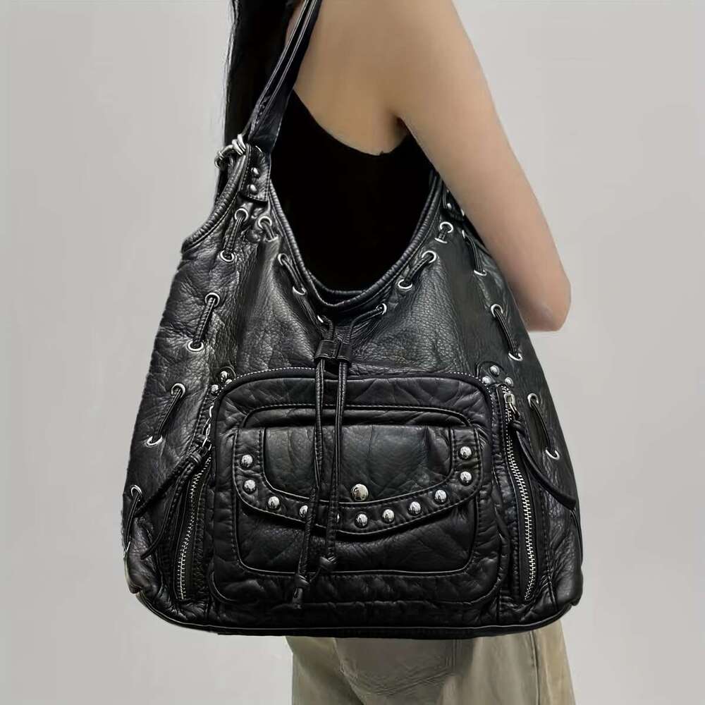 Large Capacity Crossbody Retro Purse With Multiple Zippered Pockets, Detachable Strap Edgy Gothic Handbag Women, Vegan Synthetic Leather