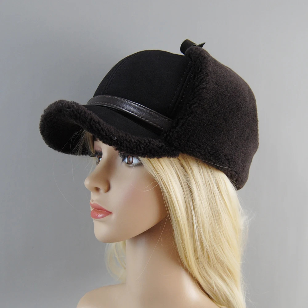 Real Fur Wool Hat Unisex Winter Warm Bomber Russian Ushanka Hats With Ear Flaps Cow Leather Thick Snow Earflaps Baseball Cap 251029