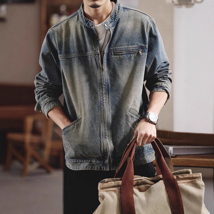American Style Zipper Denim Jacket For Men Spring And Autumn Trendy Cool Casual Loose Washed Vintage Designer Jacket Workwear Jacket