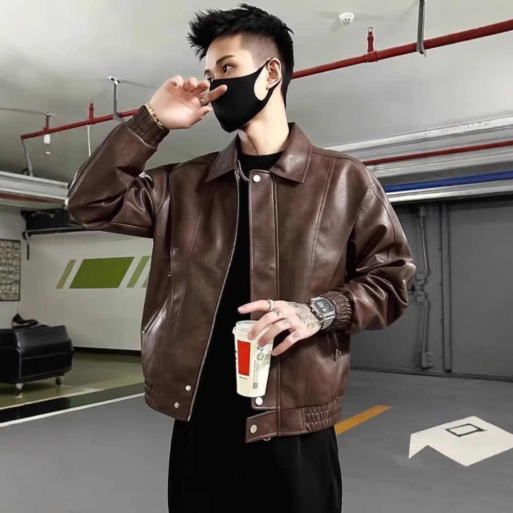American Style Men's Leather Jacket Designer Jacket Spring Autumn Fashion Trendy Brand Cool Versatile Turn-down Collar Jacket New Men's Shor